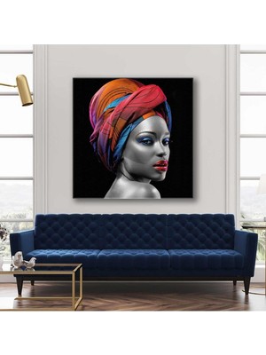 Limitless Design Kırmızı Rujlu Ve Mavi Makyajlı Etnik Eşarplı Model Kare Hd Baskı Kanvas Tablo