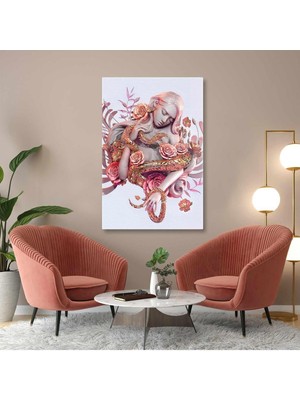 Limitless Design Pembe Güllerin Içinde Gold Yılana Sarılan Model Dikey Hd Baskı Kanvas Tablo