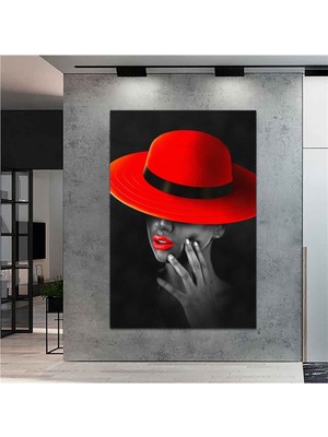Limitless Design Extra Dev Boyut Kırmızı Şapkalı Kadın Hd Baskı Kanvas Tablo (100CM x 150CM)