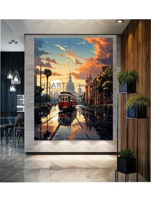 Limitless Design Yağlı Boya Görünümlü Istanbul Gün Batımında Tren Hd Hd Baskı Kanvas Tablo