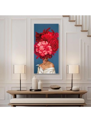 Limitless Design Başında Kırmızı Çiçekler Olan Model Boyuna Dikey Hd Baskı Kanvas Tablo