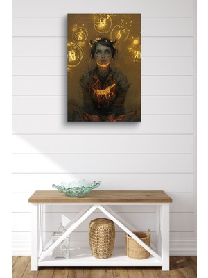 Limitless Design Parlak Semboller ve Oturan Kadın Yağlı Hd Baskı Kanvas Tablo