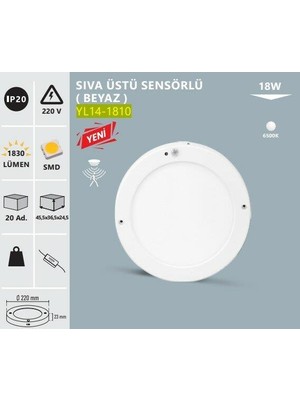 Sıva Üstü Sensörlü LED Panel Yuvarlak Beyaz Kasa 6500K 18W