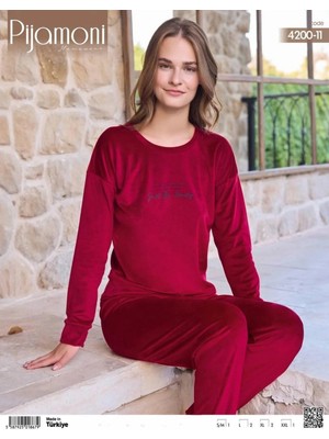 Pijamoni Kadın Kışlık Bisiklet Yaka Likralı Soft Kadife Pijama Takımı 4200/11 - 1 Adet