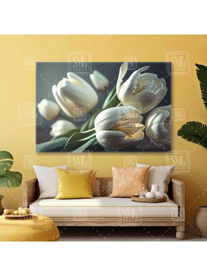 Sml Tablo Beyaz Lale Buketi Makro Çekim Doğa Nature Yatay Kanvas Tablo