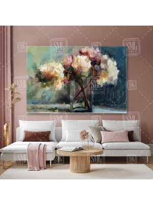 Sml Tablo Gold Detaylı Büyük Mavi Yapraklar Etrafında Sarı Çiçekler Dekoratif Yatay Kanvas Tablo