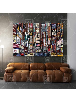Sml Tablo New York Times Meydanı Illüstrasyonu Modern Şehir Manzara Yatay Kanvas Tablo