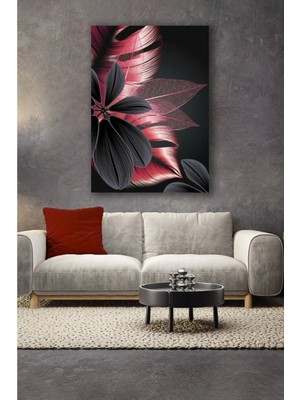 Limitless Design Siyah-Fuşya Modern Yapraklar Hd Baskı Kanvas Tablo
