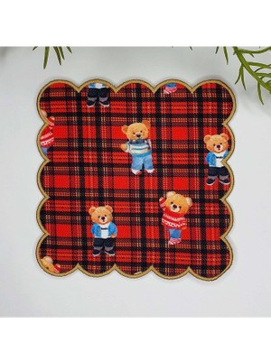 Deco Kırmızı Ekose Zemin Ayıcıklı Dijital Baskılı Kenarı Nakışlı Kokteyl Peçetesi