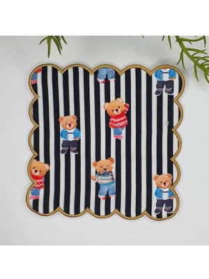 Deco Çizgili Zemin Ayıcıklı Dijital Baskılı Kenarı Nakışlı Kokteyl Peçetesi