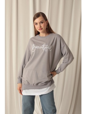 Gıronda Iki Iplik Kumaş Beautiful Nakışlı Eteği Garnili Koyu Gri Sweat