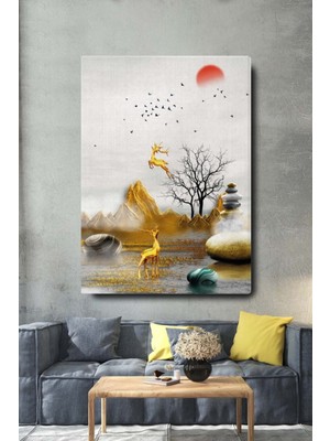Limitless Design Dekoratif Soyut Altın Geyikli Ağaç ve Taşlar Sürreal Kanvas Duvar Tablosu