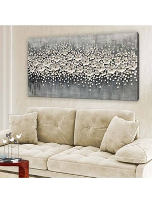 Limitless Design Gri Zeminli Beyaz Çiçekler - Hd Baskı Kanvas Tablo 60X120CM-HYKVS-421