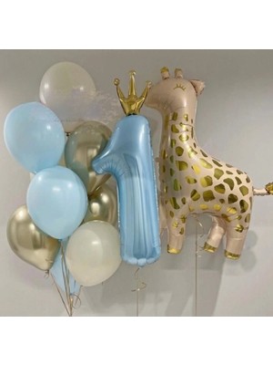 Bkmc Party Zürafa Folyo Balonlu Blue Crown Balon Doğum Günü Parti Seti Süsü