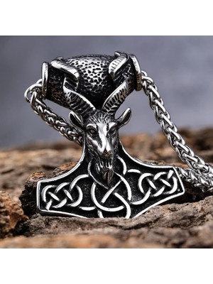 Geekland Viking Thor Mjölnir Temalı Erkek Kolye | Keçi Başı | Paslanmaz Çelik | 60 cm Zincir