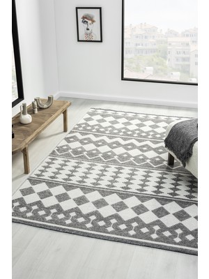 Ipar Gri Çift Taraflı Dokuma Kilim Balkon Mutfak Oturma Odası Halısı Ip0032 120 x 180