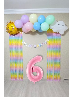 Pekshop Gökkuşağı Konsept Pembe Yaş Balonu Parti Süeleme Seti Balon Zinciri Seti