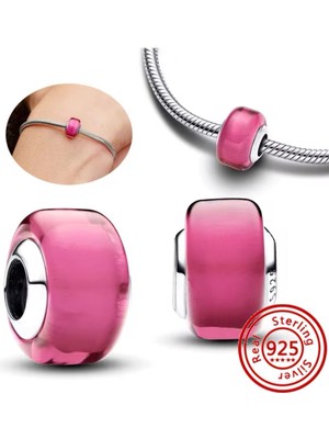 Lines Bijuteri Gümüş Pembe Mini Murano Cam Charm