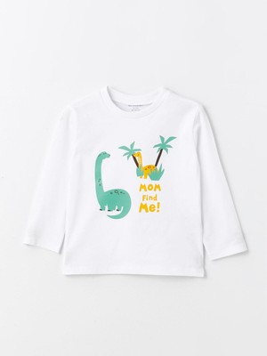 LC Waikiki Baby Buxe Beyazı Bisiklet Yaka Uzun Kollu Baskılı Erkek Bebek Tişört