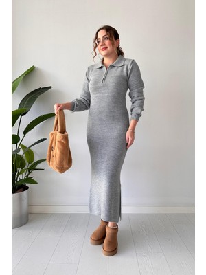 Fermuar Yakalı Triko Elbise Gri