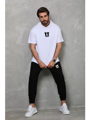 Unisex Kapşonlu Oversize T-Shirt Takım - Beyaz