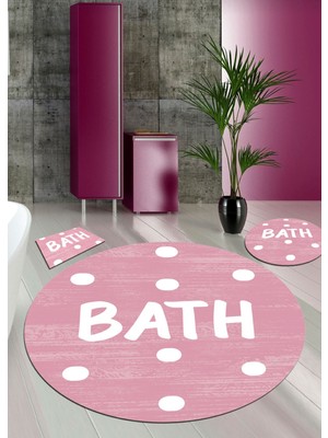 Ardizayn Pembe Bath Yazılı, 100x100 - 60x60 - 40x60cm Dokuma Taban 3'lü Banyo Halısı