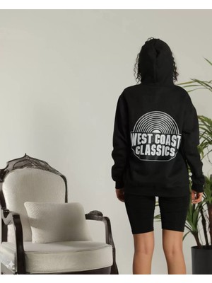 G-else Unisex Sırt Baskılı Kapüşonlu Üç Iplik Oversize Sweatshirt - Siyah