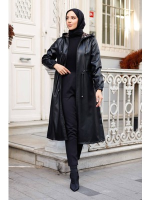 Pamuk Butik Kadın Kapüşonlu Cepli Deri Kap -PMK331 Trend Stil ile Şık ve Rahat Kullanım