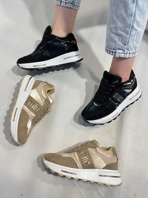 Best Shoes Kadın Bej Gold Detaylı Paraşüt Kumaş Spor Ayakkabı