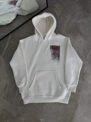 Tarz Yeri Uzun Kol Kapşonlu Ön ve Arka Baskılı Sweatshirt - Beyaz