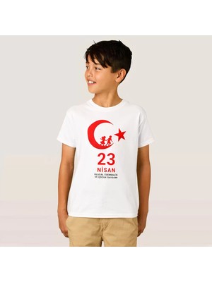 Tarz Yeri 23 Nisan Çocuk Bayramı Baskılı Özel T-Shirt - Beyaz