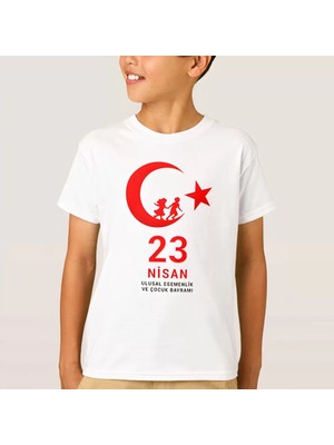 Tarz Yeri 23 Nisan Çocuk Bayramı Baskılı Özel T-Shirt - Beyaz