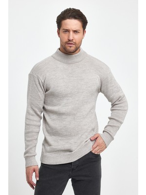 The Rule Erkek Bej Regular Fit Yarım Balıkçı Yaka Dokulu Desenli Triko Kazak RF0446
