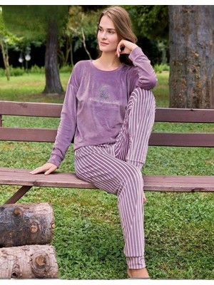 Pijamoni Kadın Kışlık Bisiklet Yaka Likralı Kadife Pijama Takımı 4210/6- 1 Adet