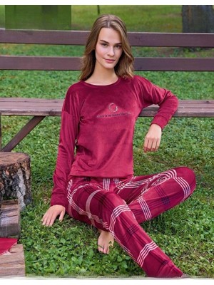 Pijamoni Kadın Kışlık Bisiklet Yaka Likralı Kadife Pijama Takımı 4210/2- 1 Adet