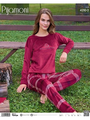 Pijamoni Kadın Kışlık Bisiklet Yaka Likralı Kadife Pijama Takımı 4210/2- 1 Adet