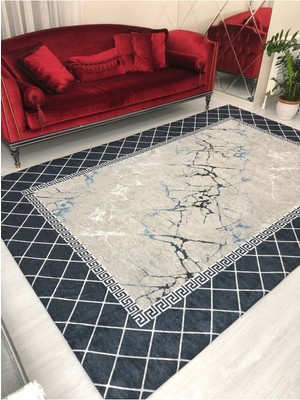 Carpet Cover Yeni Lacivert Piramit Model Lastikli Kadife Halı Örtüsü