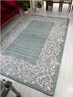 Carpet Cover Su Yolu Yeşil Model Lastikli Kadife Halı Örtüsü