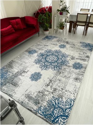 Carpet Cover Mavi Padişah Model Ipek Kadife Lastikli Halı Örtüsü