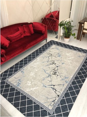 Carpet Cover Yeni Lacivert Piramit Model Lastikli Kadife Halı Örtüsü