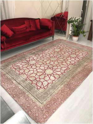 Carpet Cover Pembe Çini Model Ipek Kadife Lastikli Halı Örtüsü