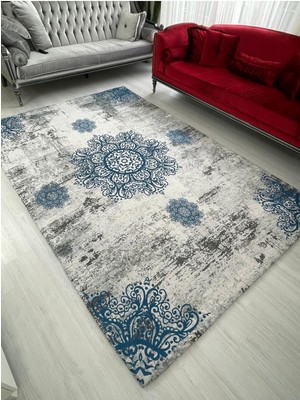 Carpet Cover Mavi Padişah Model Ipek Kadife Lastikli Halı Örtüsü