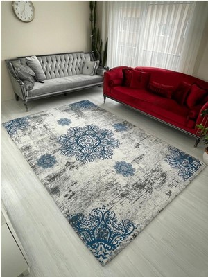 Carpet Cover Mavi Padişah Model Ipek Kadife Lastikli Halı Örtüsü