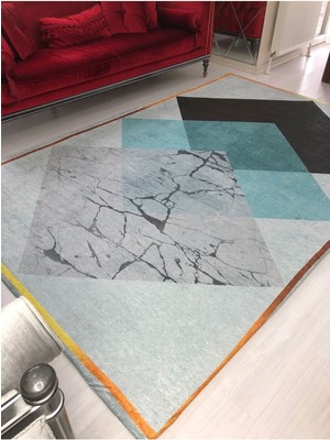 Carpet Cover Yeni Desen Turkuaz Piramit Model Kadife Halı Örtüsü