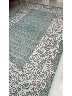 Carpet Cover Su Yolu Yeşil Model Lastikli Kadife Halı Örtüsü