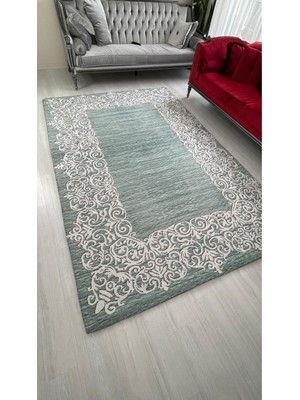 Carpet Cover Su Yolu Yeşil Model Lastikli Kadife Halı Örtüsü