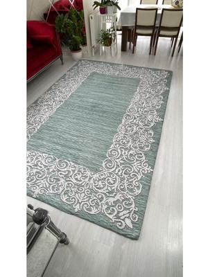 Carpet Cover Su Yolu Yeşil Model Lastikli Kadife Halı Örtüsü