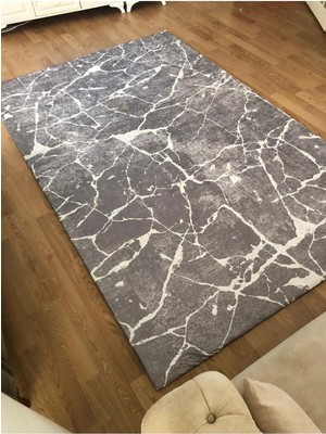 Carpet Cover Gri Mermer Model Ipek Kadife Lastikli Halı Örtüsü