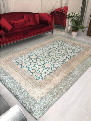 Carpet Cover Mavi Çini Model Ipek Kadife Lastikli Halı Örtüsü