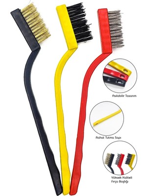 10 Adet Profesyonel Tel Fırça Seti 3’lü Set, Sert Plastik Tel Fırça, Prinç Tel Fırça, Paslanmaz Çelik Tel Fırça